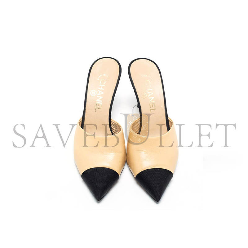 Ch**el beige black leather and canvas cc pearl embellished heel mules
